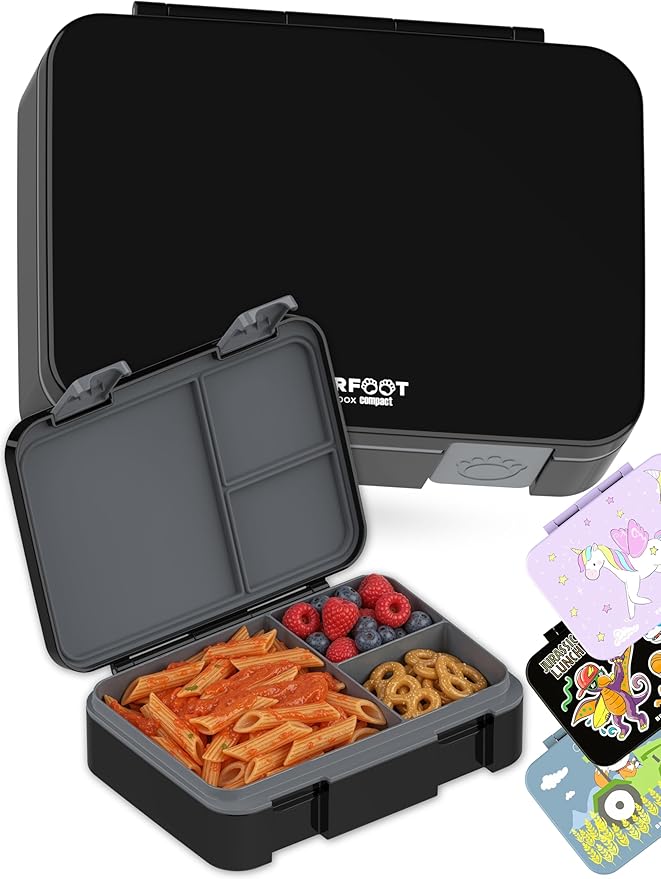 BEARFOOT Kids Lunch Box with Compartments – Compact & Lightweight | Leak-Proof, BPA-Free, Dishwasher & Microwave Safe | Hand-Drawn Design for Preschool, School, Travel (Black, 4 Cups)