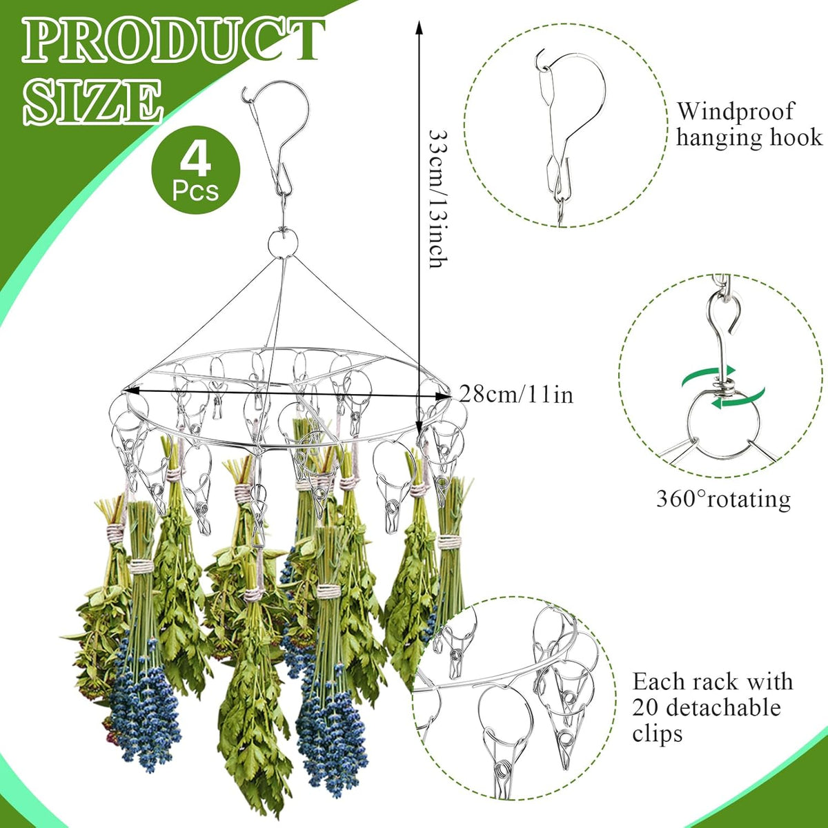 4Pcs Hanging Herb Drying Rack for Herb, Stainless Steel Herb Drying Rack with 20 Hooks, Flower Drying Rack for Herbs, Space Saving Herb Dryer for Fresh and Aromatic Herbs(Round), RHB-001
