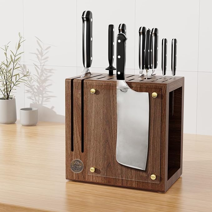 Magnetic Knife Block with Glass Cover, Universal Walnut Wood Knife Holder without Knives for Safe Knife Storage, Large Capacity Knife Storage Organizer for Kitchen Counter Top