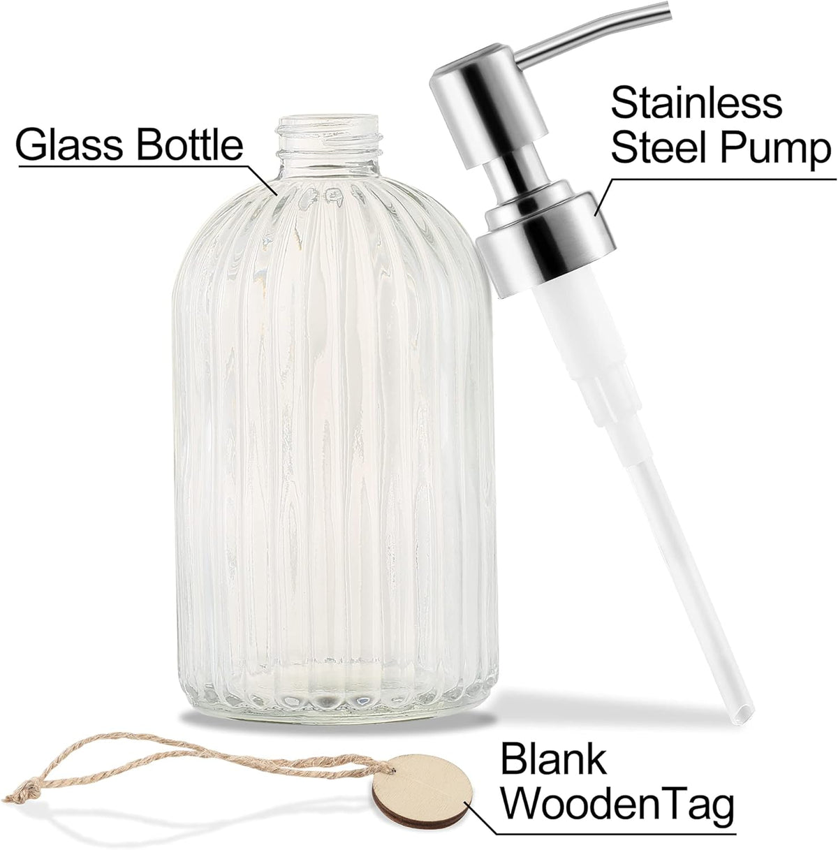 16 OZ Soap Dispenser，Tempered Glass Clear Vertical Stripe with 304 Rust Proof Stainless Steel Pump Refillable Liquid Hand Soap Dispenser，for Bathroom, Kitchen, Dish Soap，Lotion (Clear)