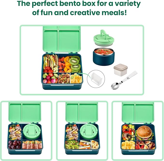 Bento Lunch Box with 8oz Soup Thermo,Kids Leakproof 4 Compartment Lunch Food Containers with Sauce Cup and Ice Pack,Kids Thermo Insulated Hot Food Jar and Lunch Bag for School,Trvael-Green