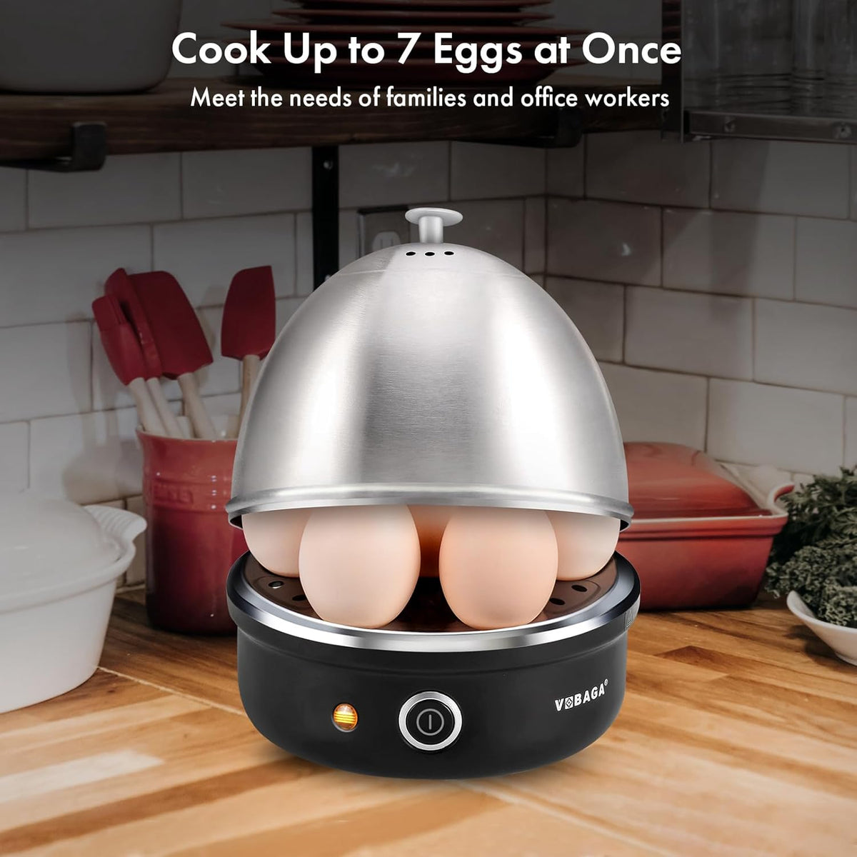 VOBAGA Electric Egg Cooker, Rapid Egg Boiler with Auto Shut Off for Soft, Medium, Hard Boiled, Poached, Steamed Eggs, Vegetables and Dumplings, Stainless Steel Tray with 7-Egg Capacity (Black)