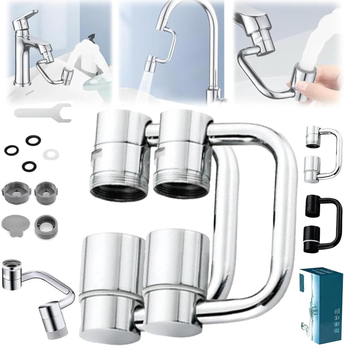 Universal Sink Faucet 1440° Rotatable Faucet Aerator Extension, U Shaped Faucet Extender for Toddlers, Flexiflow 1080° Rotating Faucet Extender for Bathroom Sink/Kitchen, 2 Modes Adjustable (2*Silver)