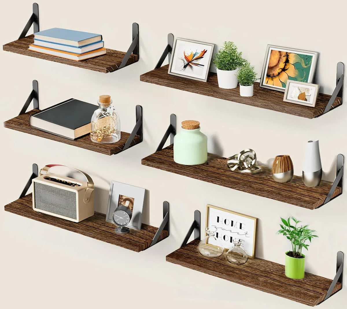 AMADA HOMEFURNISHING Long Wall Shelves, Rustic Farmhouse Floating Shelves for Bedroom, Bathroom & Living Room, Brown
