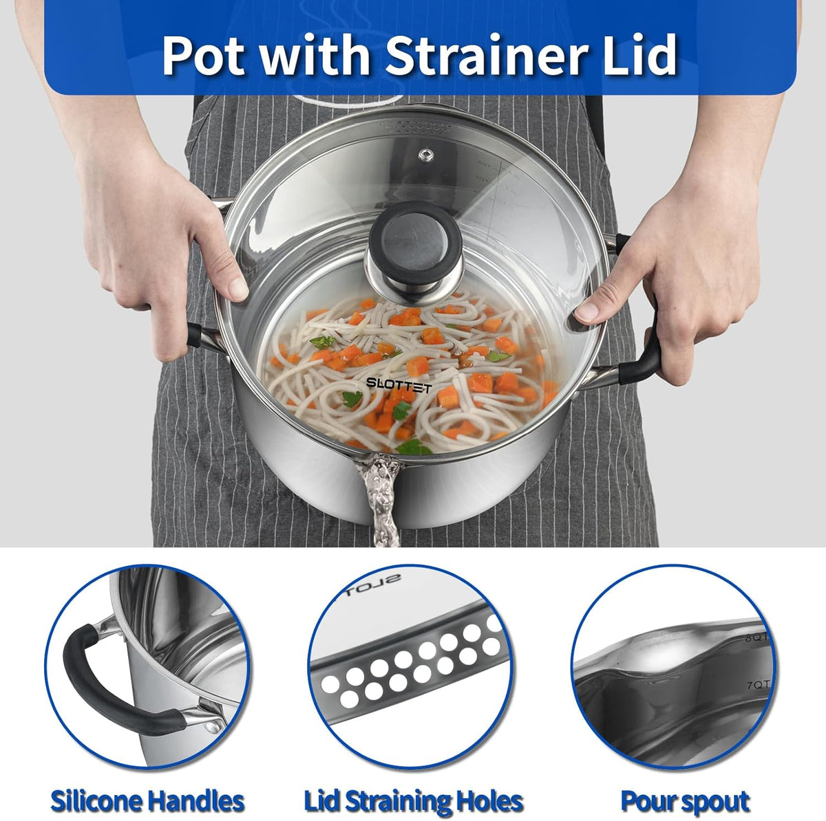 8 Quart Stainless Steel Stock Pot with Strainer Glass Lid,8 Qt Multipurpose Stockpot with Pour Spout,Stay-cool silicone Handle.