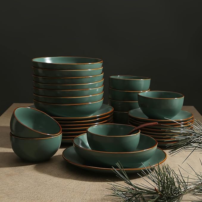 Stone Lain Brasa Modern Stoneware 32 Piece Dinnerware Sets, Plates and bowls Sets, Dish Set for 8, Green