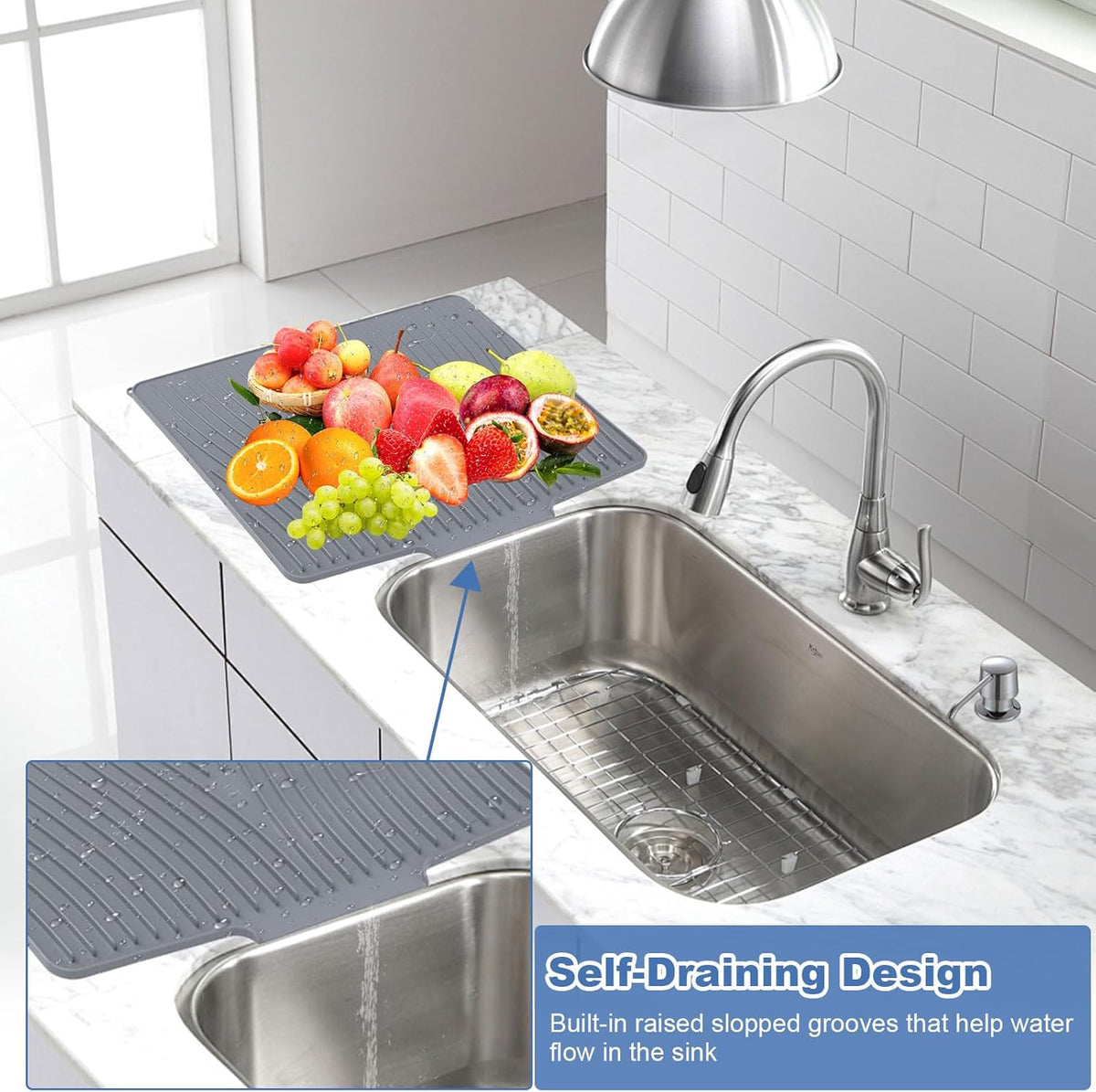 Silicone Dish Drying Mat with Drain Lip 23.6'' x 17.9'' Non-Slip Silicone Dish Drying Mat for Kitchen Counter, Heat Resistant Dish Drying Pad Quick Dry Self-draining Dish Drainer Mat Board Grey