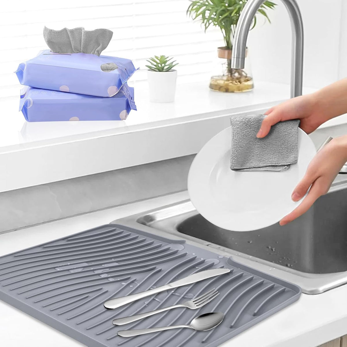 Silicone Dish Drying Mat, Stone Drying Mat for Kitchen Counter with Built-in Drain, Non-Slip 15.8" X 13" Drying Matt Kitchen Counter and Grey Microfiber Cleaning Cloth, Cleaning Rags Set(Grey)