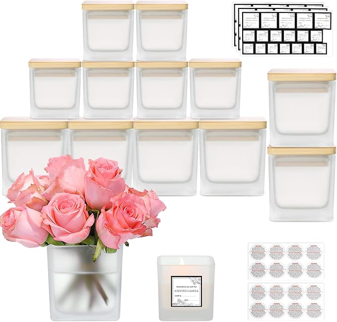 CONNOO 12 Pack 9oz, 3oz Frosted Square Candle Jars for Making Candles, Thick Glass Bulk Empty Candle Containers with Airtight Bamboo Lids for Candle Making, Sticky Warning Labels - Dishwasher Safe