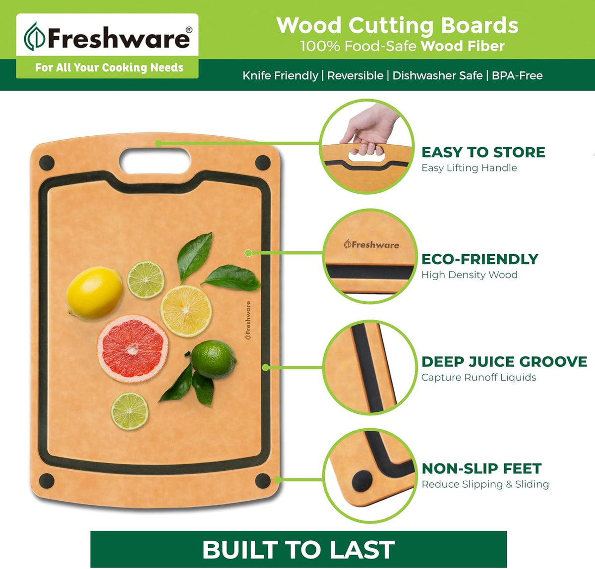 Cutting Board for Kitchen, Wood Cutting Board with Juice Grooves, Dishwasher Safe, Non-Porous, BPA Free, Medium Cutting Board, 14.6 x 11-inch, Natural Slate