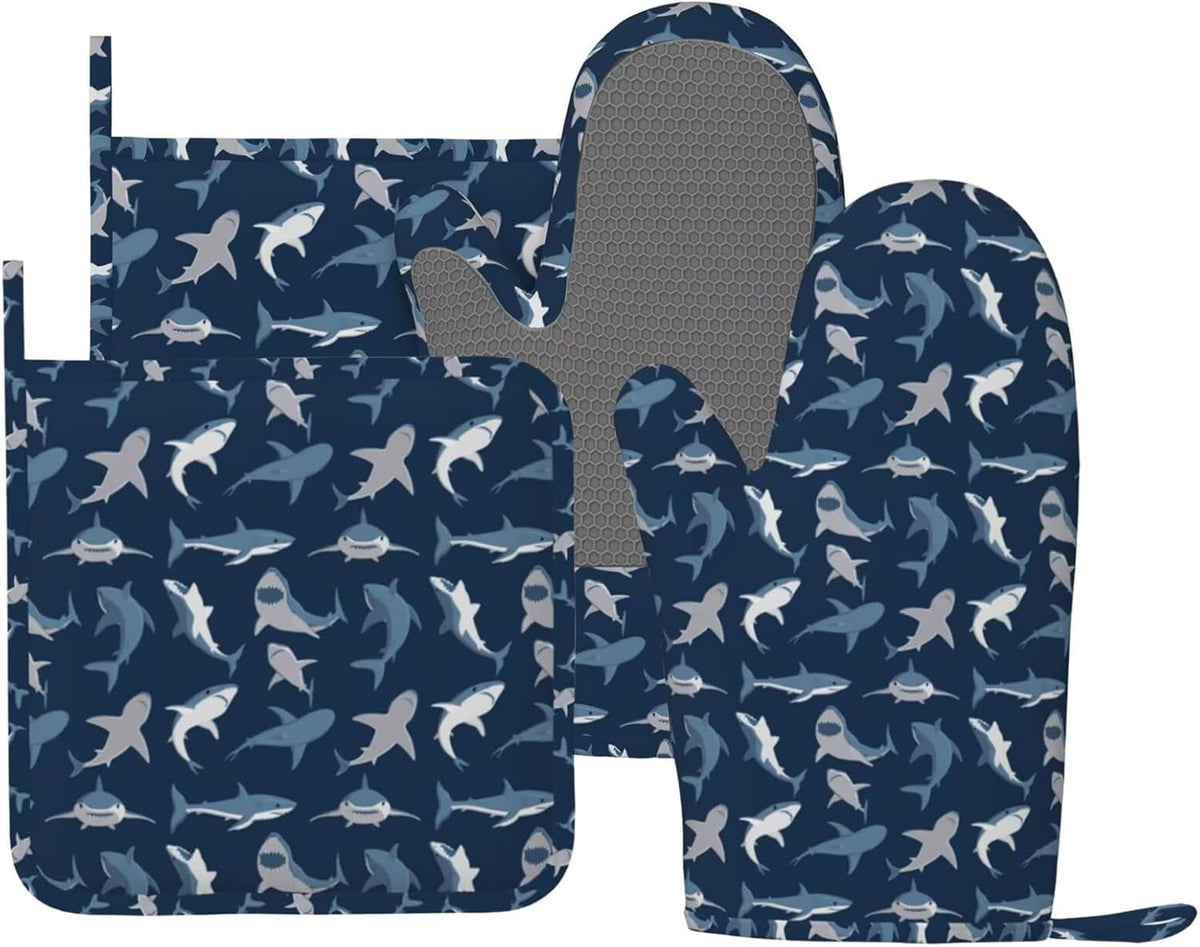 Cool Sharks Oven Mitts and Pot Holders Set of 4 Silicone Blue Grey Sharks Kitchen Mitten Gloves and Non-Slip Potholders Set Heat Resistant Oven Gloves Hot Holders for Kitchen