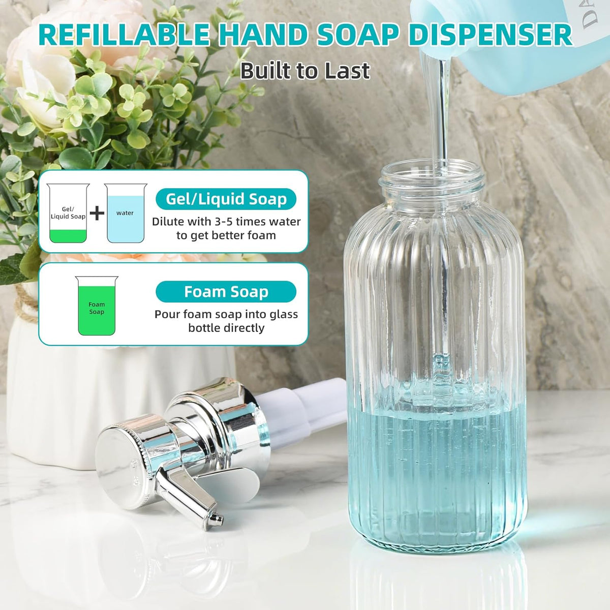 Automatic Foaming Soap Dispenser, 17oz Clear Glass Hand Soap Dispenser with ABS Touch Sensor Pump Battery Operated, Dish/Hand Soap Refillable for Bathroom Kitchen (Silver)