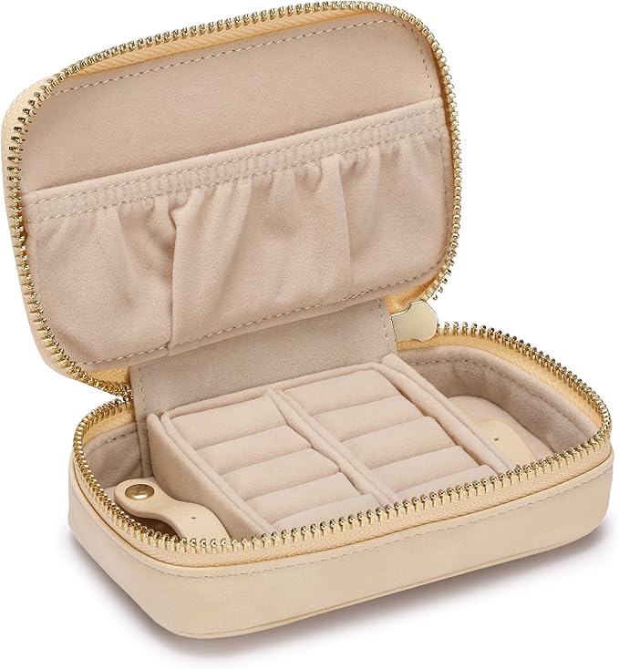 HISCOW Vegan Leather Travel Jewelry Case with Zipper - Portable Necklace & Earring Holder Organizer for Women Girls, Velvet-Lined Ring Box with Anti-Tarnish Design, Cream