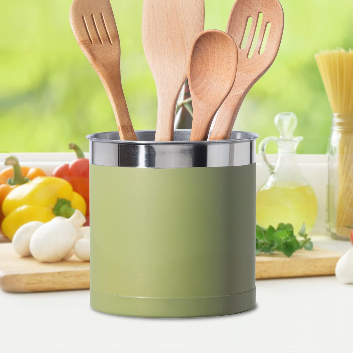 Oggi Stainless Steel Jumbo Utensil Holder - 7" Utensil Caddy, Weighted Base for Stability - Extra Large Utensil Crock and Countertop Utensil Organizer, Olive