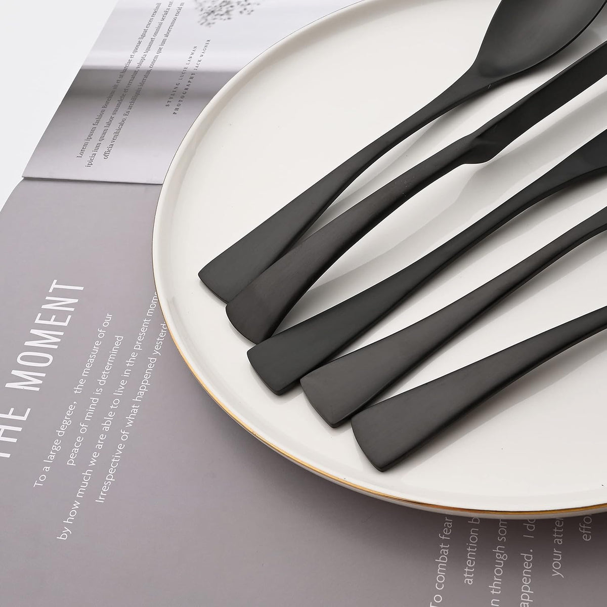 Luxury Silverware Set Flatware Cutlery 18/10 Stainless Steel Matte Polishing Metal Utensils Set Group Service for 1, 6-piece, Black