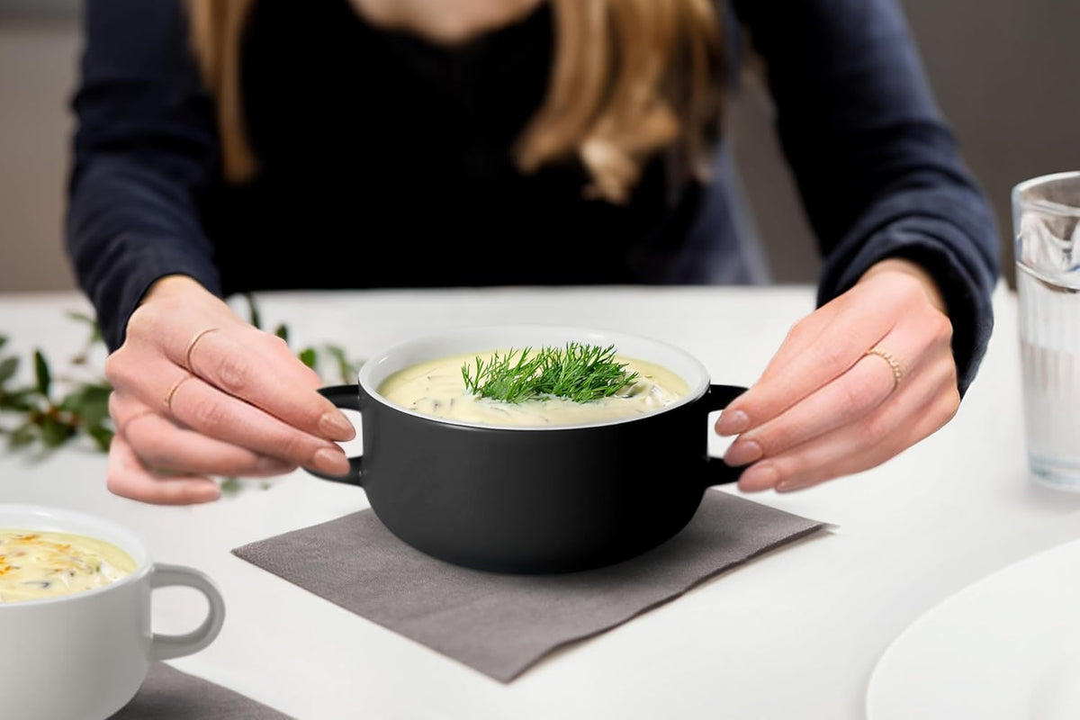 Kook Soup Crocks, Ceramic Bowls, Broil, Oven, Microwave and Dishwasher Safe, with Handles, For Casserole, Pasta, Cereal, 18 oz, Set of 4 (Black)