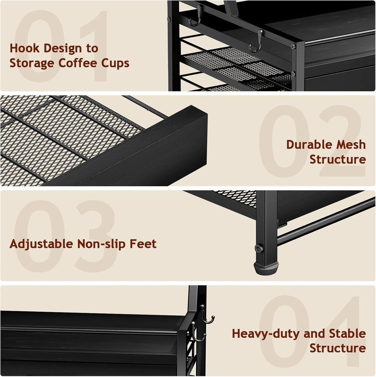 Coffee Syrup Rack Organizer - 4-Tier 8 Syrup Wine Bottles Stand with 82 Storage Drawer for K Cups, Coffee Pod Holder for Countertop, Bar Station, Kitchen, Black