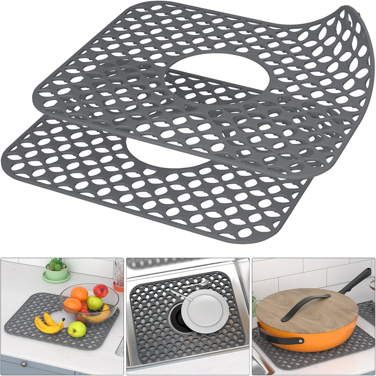 Kitchen Sink Mats, TOOVEM 2PCS Non-Slip Heat Resistant Silicone Sink Protector Mat for Bottom of Stainless Steel Porcelain Sink, Folding Farmhouse Rear Drain Sink Mats, Center Drain