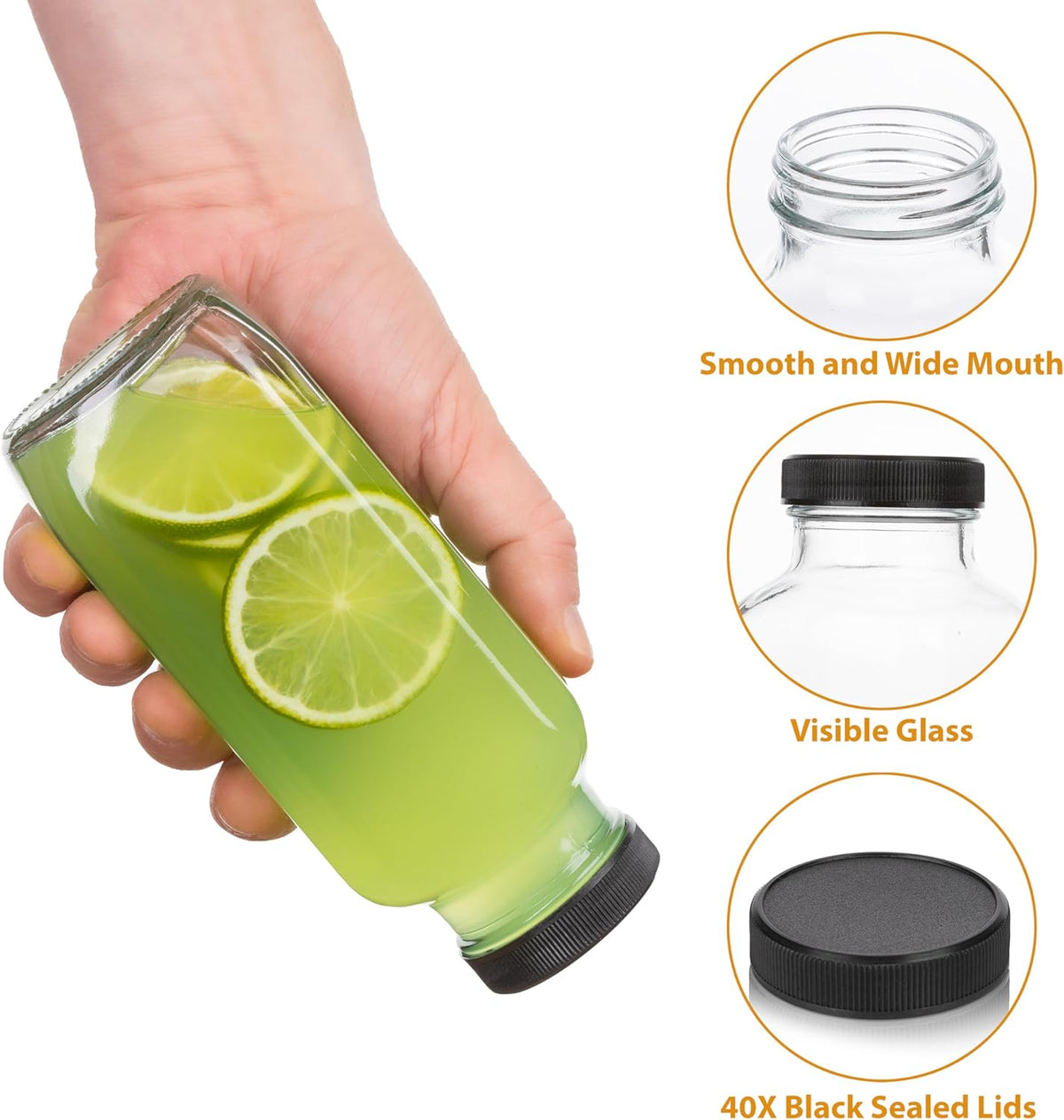 Juice Bottles with Lids, 16 Oz - Set of 20 - Clear Glass Jars with Caps - Reusable Empty Drink Containers for Juicing, Smoothies, Water, Milk, Kombucha Storage, Wellness Shots and More (20)