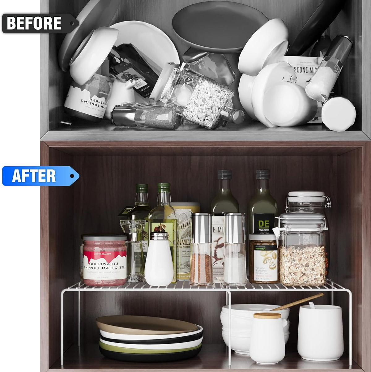 Expandable Storage Shelf, Pantry Organizers and Storage, Adjustable Rustproof Metal Wire Spice Rack, Space Saver Kitchen Storage Shelves for Pan, Pot, Countertop, Drawer, Fridge, Set of 2, White