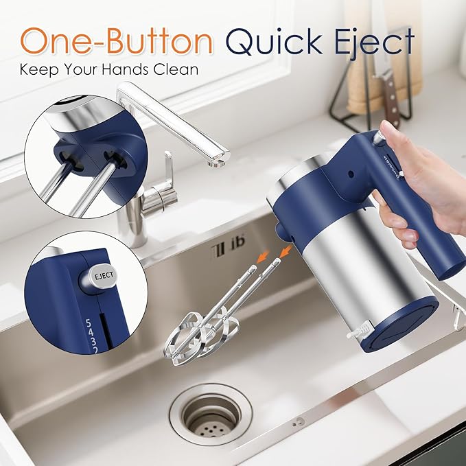 Powerful 600W Hand Mixer, 5-Speed Electric Hand Held Mixer for Baking, Lightweight Stainless Steel Hand Beaters *2 & Dough Hooks*2 with Eject Button, Kitchen Mixer for Cream, Cookies, Dough-Blue