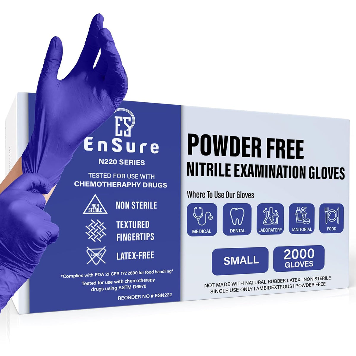 EnSure Nitrile Exam Gloves, Powder-Free, Latex-Free, Chemo Rated, Non-Sterile, Light Duty, Textured Tips, Medical, Surgical, Food Safe, Cleaning, Dental, Lab Use - 3 Mil (Small, 2000 Count)