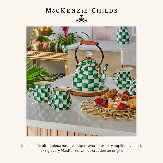 MACKENZIE-CHILDS Enamel Salad and Dessert Plate, Small Plate for a Dessert or Appetizer Dish, 8 Inches, Green-and-White Emerald Check