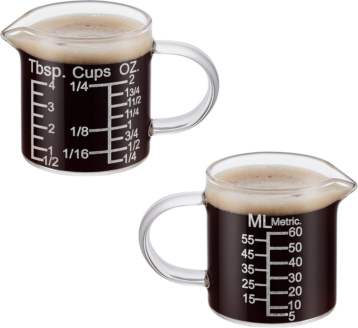 Ackers Etching Scale Measuring Glass -[Insulated handle | V-Shaped Spout]-Made of High Borosilicate Glass Measuring for Kitchen or Restaurant, Easy to Read, 60 ML (2 Oz) 丨(2 Pack)