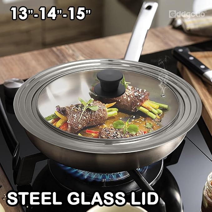 13-14-15 in Universal Pan Lid, Extra Large Stainless Steel Pot Lid for Pots, Pans, Skillets, Replacement Frying Pan Lid with Heat Resistant Silicone Knob, Dishwasher Safe
