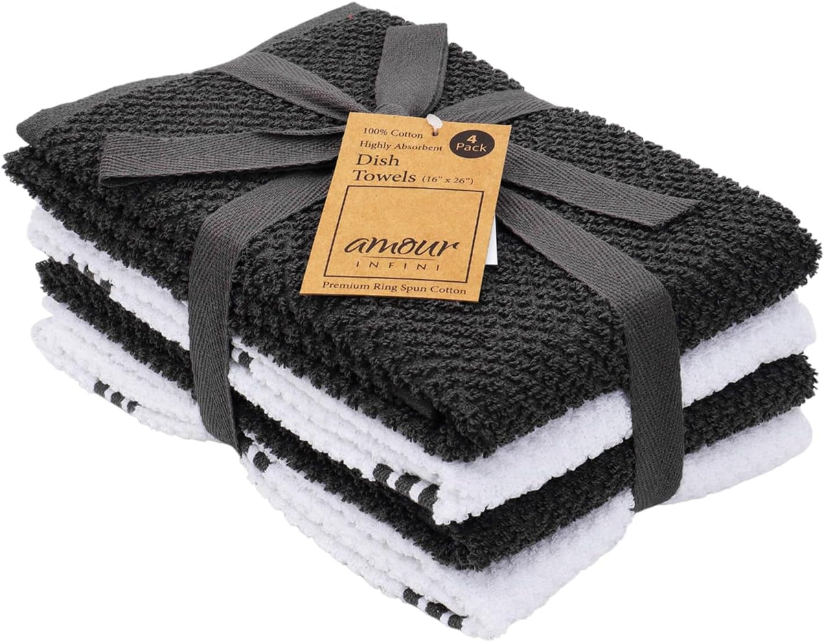 AMOUR INFINI Kitchen Towels Pack of 4 Absorbent, Quick Drying Premium Terry Cotton Dish Towel with Hanging Loop 16x28 Inch Hand & Tea Towels (Black)