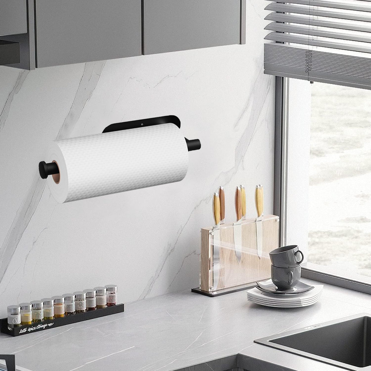 Self Adhesive or Drilling Paper Towel Holder Under Cabinet,Black Stainless Steel Hanging Paper Towel Holder Wall Mount for Kitchen Paper Towel,Under Counter Paper Towel Roll Rack for Home,Bathroom,RV