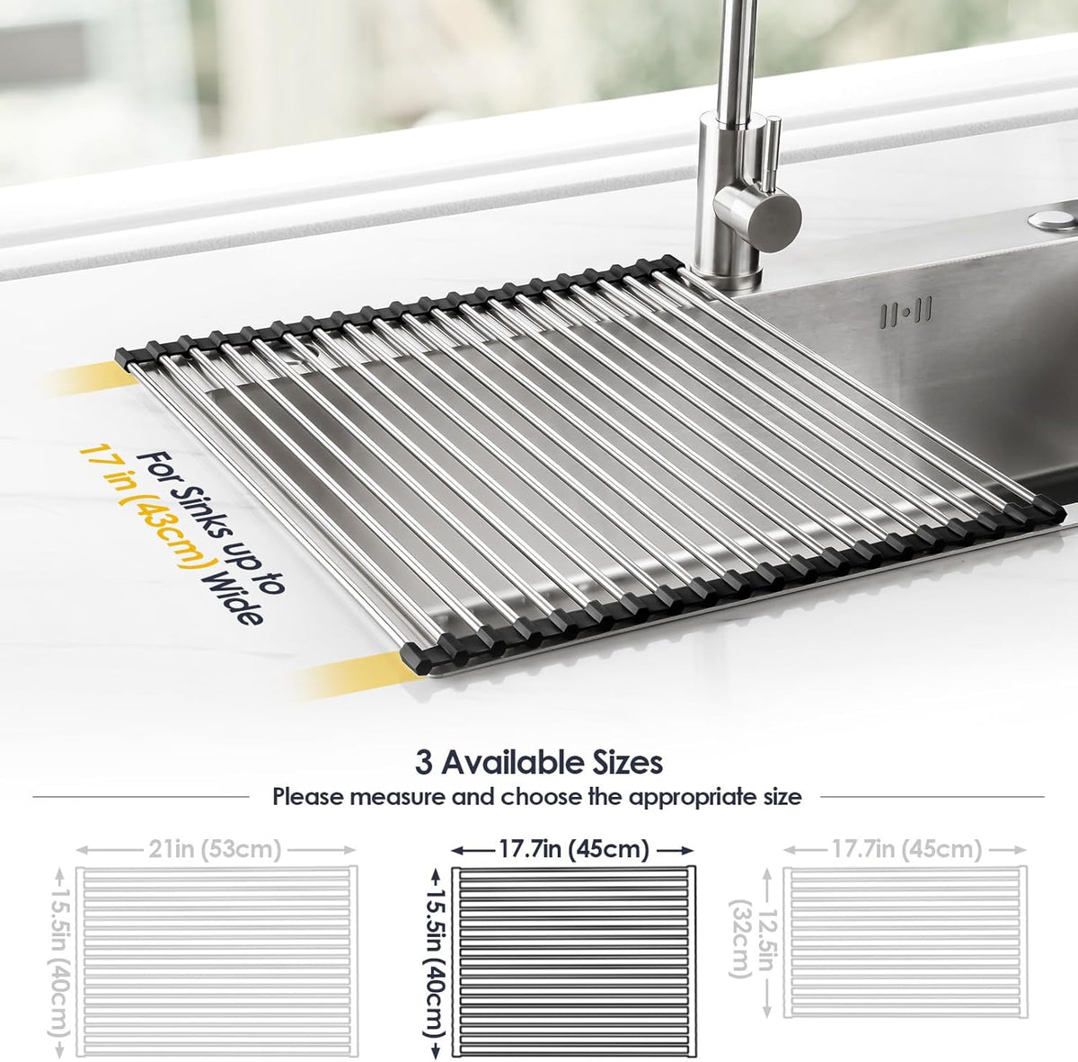 Tomorotec 17.7" x 15.5" Roll Up Dish Drying Rack Over Sink Drying Rack Sink Cover Kitchen Sink Accessories Gadget Multipurpose Organizer Foldable Stainless Steel Drainer