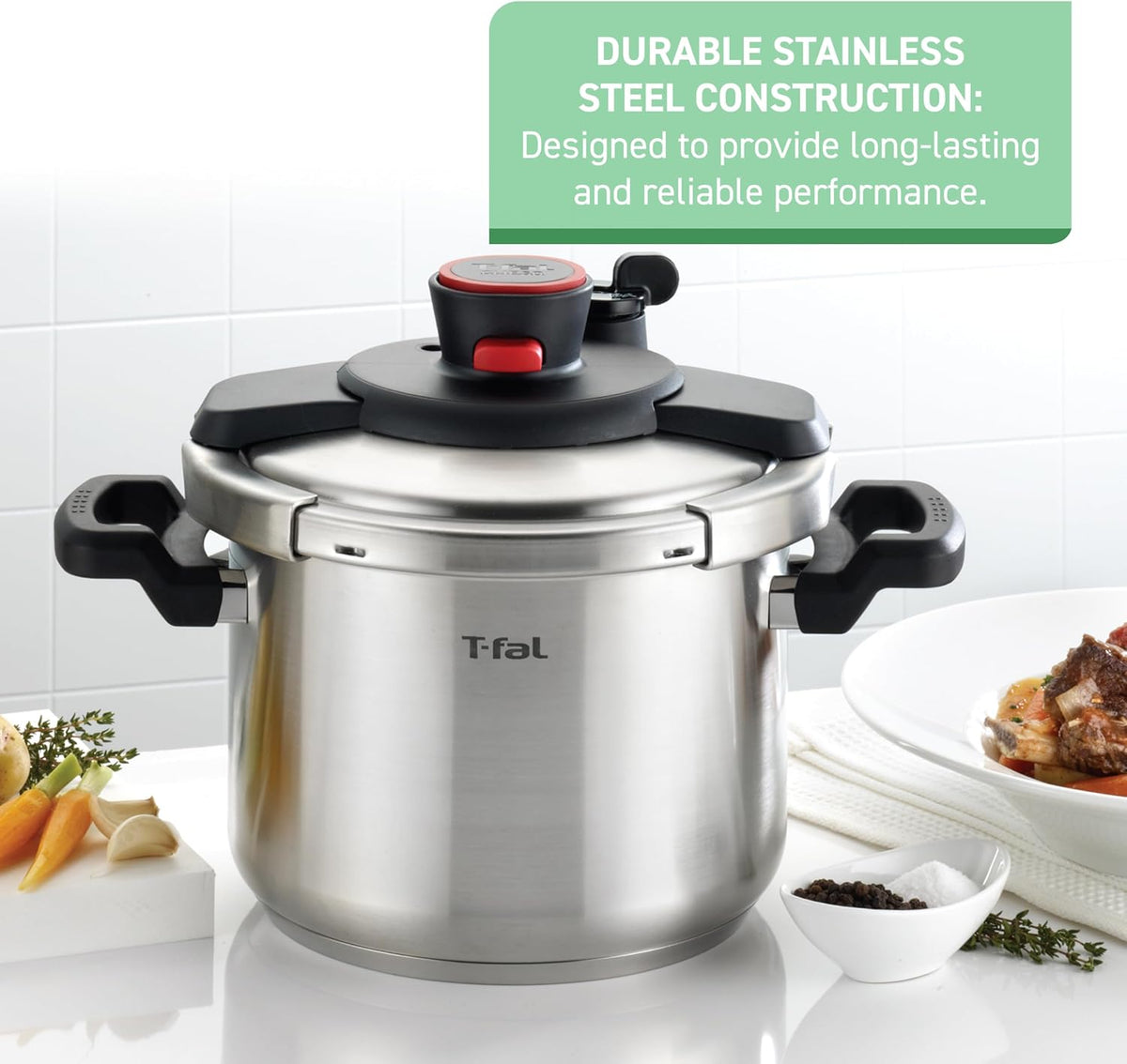 T-fal Clipso Stainless Steel Pressure Cooker 6.3 Quart, Induction, Secure locking System, One Hand System, Recipe Book Included, Cookware, Pots and Pans, Kitchen, Dishwasher Safe, Silver
