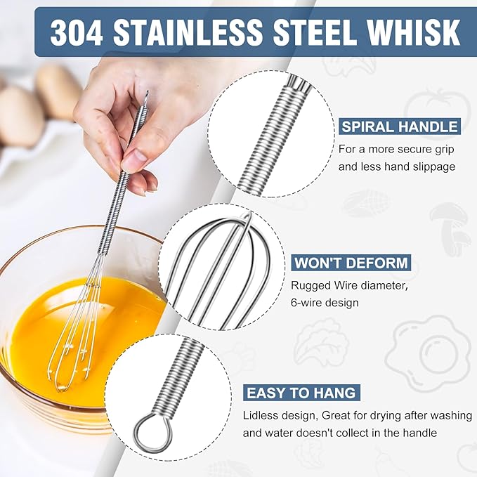 Walfos Mini Whisk,304 Anti-Rust Small whisk,Sturdy Stainless Steel Wire Tiny Whisks 6+7+8in,Ideal for mixing individual eggs, jams, spices and other small portion ingredients.(3pcs）