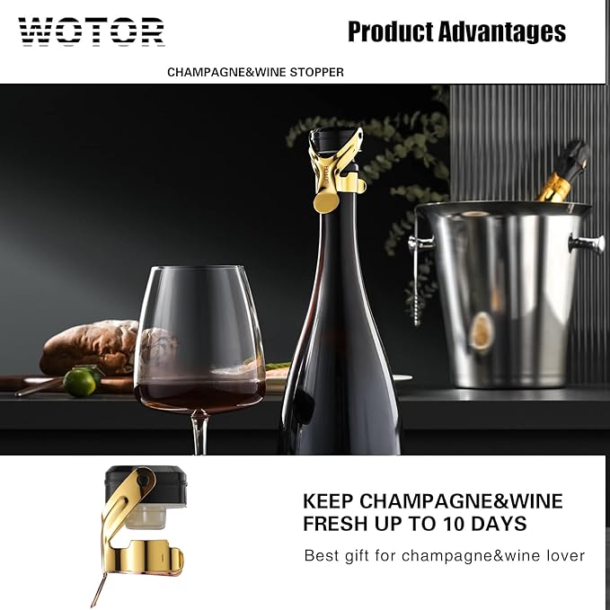 WOTOR Champagne&Wine Bottle Stoppers Stainless Steel with Food Grade Silicone, Leak Proof Keep Fresh Reusable Saver, Cork Suitable for Wine, Champagne, Cava, Prosecco and Sparkling (2 Pack Gold