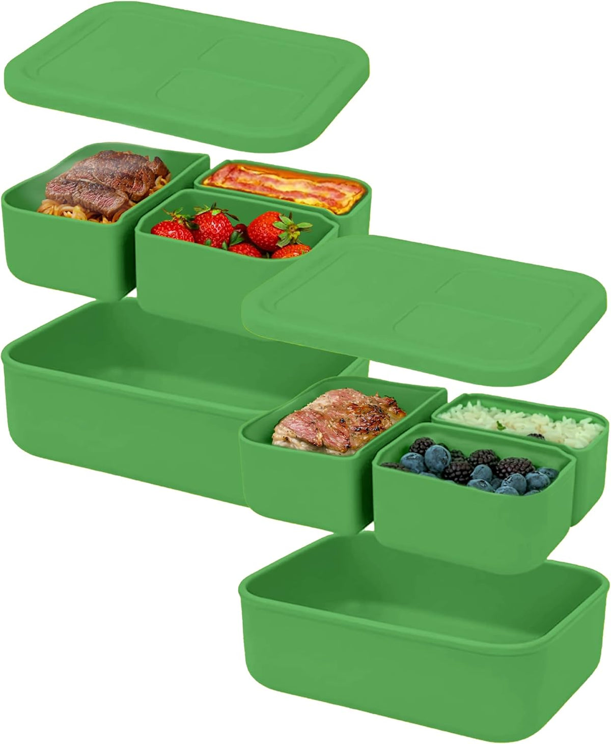 Platinum Silicone Bento Lunch Box Set of 2 – 3 Compartments, Leakproof, Versatile, Durable, Microwave & Freezer Safe, Meal Prep Container, Food Storage for All Ages (Watermelon Green)