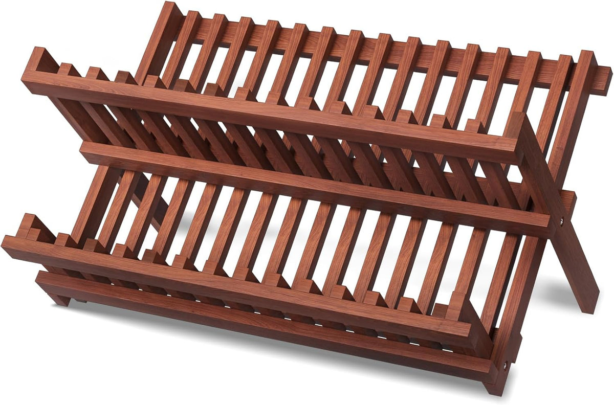 Teak Dish Drying Rack,Folding Collapsible Drainer Plate Organizer Holder for Kitchen,Foldable Spice Rack for Countertop and Cabinet,Pantry Organization and Storage