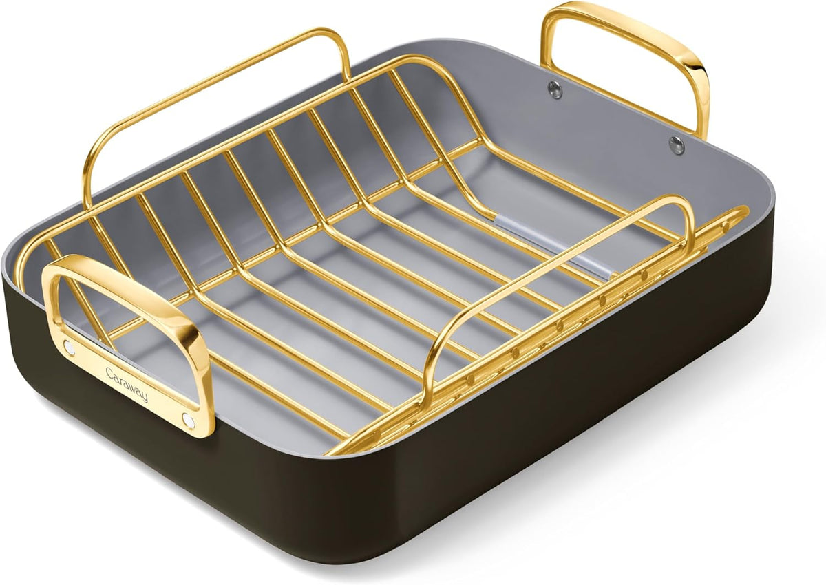 Caraway Roasting Pan - 16x13” Roasting Pan with Rack - Non-Stick Ceramic Coated - Non Toxic, PTFE & PFOA Free - Oven Safe & Compatible with All Stovetops - Black