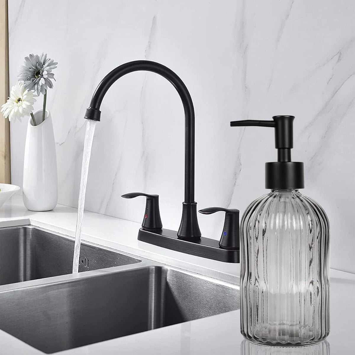 14Oz Black Pump Glass Soap Dispenser, Gray Stripe Countertop Refillable Liquid Bottle Hand Dish Lotion Dispenser with Plastic Pump, for Kitchen, Bathroom