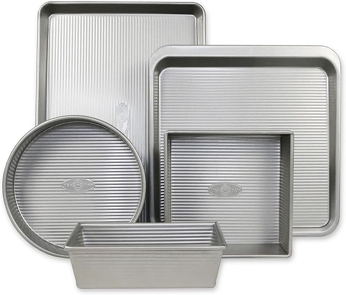 USA Pan Bakeware Aluminzed Steel 5-Piece Set Half, Cookie Sheet, Loaf, Square, Round Cake Pan