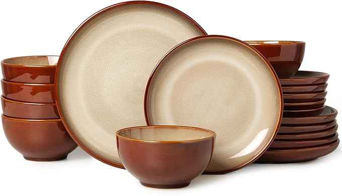 Ceramic Dinnerware Sets for 6, 18 Pieces Stoneware Plates and Bowls Sets, Chip and Crack Resistant Dishes, Dishwasher & Microwave Safe Dishware Sets, Brown Yellow