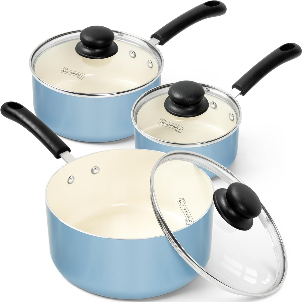 MICHELANGELO Nonstick Sauce Pan with Lid, Ceramic Saucepan Set, Non Toxic Small Saucepans Sets with Stay-Cool Handle, Induction Pots For Cooking, PTFE & PFOA Free - 1Qt & 2Qt & 3Qt, Blue