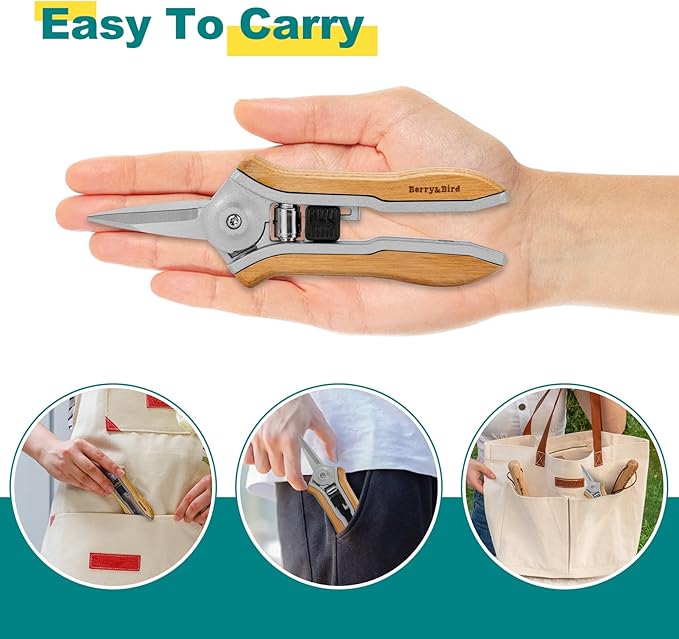 Berry&Bird Mini Pruning Shears for Gardening Straight Blades Hand Pruners with Wooden Handle Garden Scissors Snips Stainless Steel Trimming Small Clippers Bonsai Compact Size Shearing Tool
