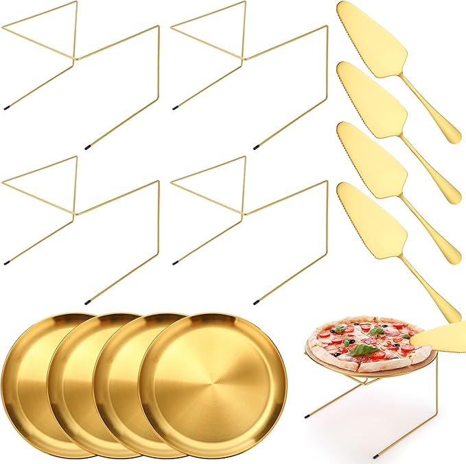12 Pcs Pizza Stand Set: 4 Metal Stands, 4 Pizza Pans, 4 Spatulas for Weddings, Party(Gold,Classic)
