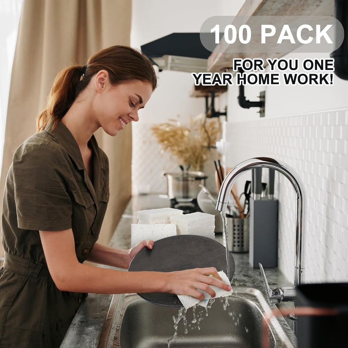 Zhengmy 100 Pieces Kitchen Sponge Bulk Natural Sponges for Dishes Compressed Wood Pulp Sponges Cleaning Sponge Without Scratching for Kitchen Bathroom, 3.9 x 2.4 x 0.12 Inch (White)