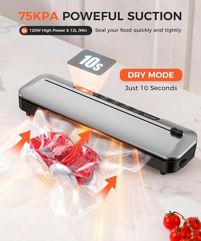 Vacuum Sealer Machine 75KPa Food with 6-in-1 Dry/Moist Modes & Digital Timer, Compact Lightweight Design, Built-in Cutter + 10 Bags (Black Silver)