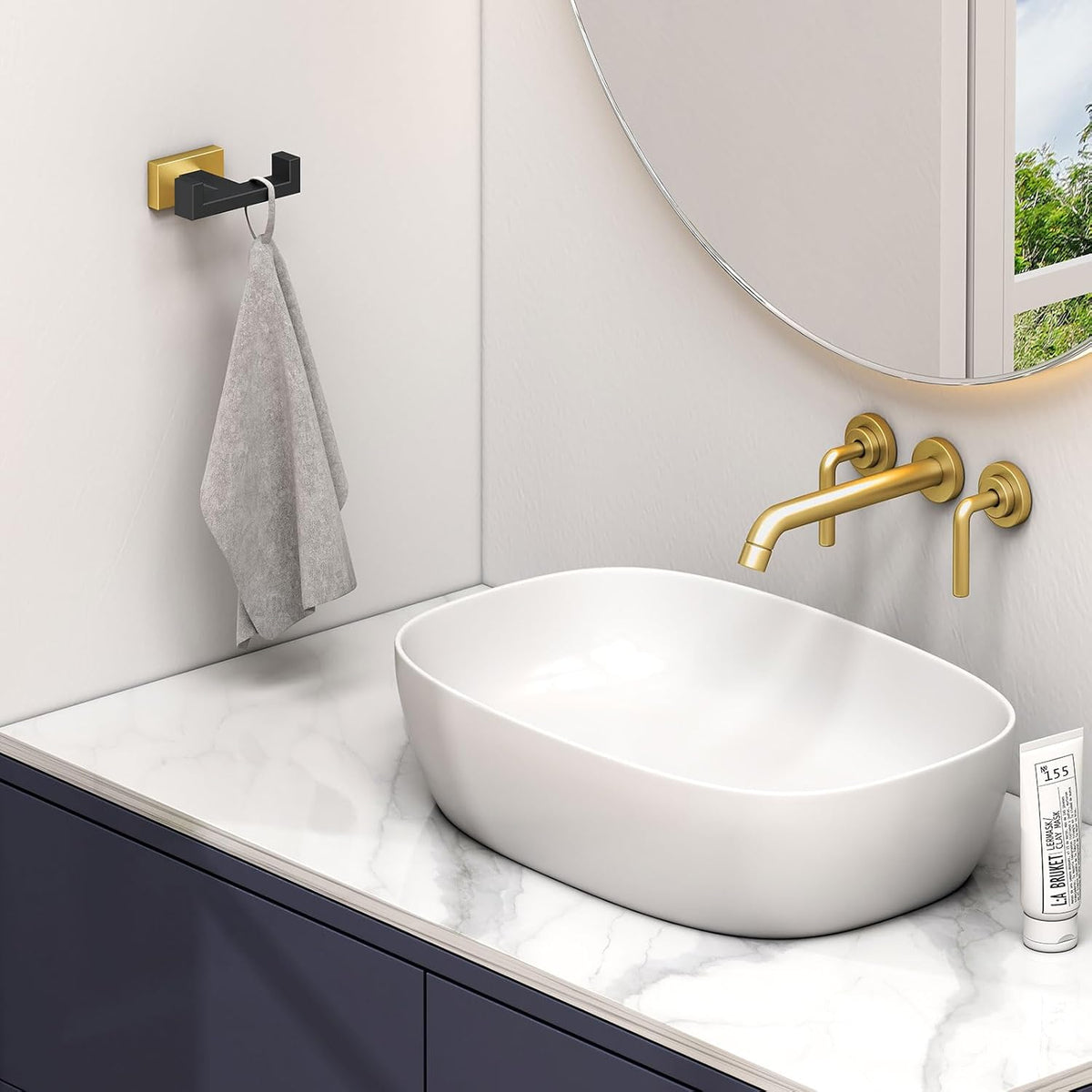Angle Simple Double Towel Hook Black & Gold, Stainless Steel Bathroom Towel Holder, Coat Robe Hook Wall Mount