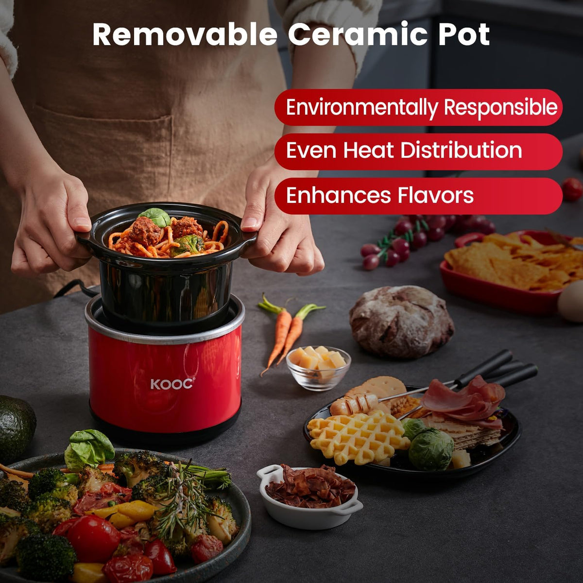KOOC Small Slow Cooker, 0.65 Quart, Free Liners Included, Upgraded Ceramic Pot, Nutrient Loss Reduction, Sauces, Stews & Dips, Stainless Steel, Red, Round