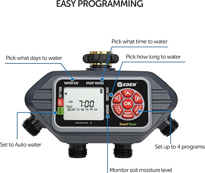 Eden 93413 Programmable Digital Water Timer 4-Zone, Compatible with Wireless Soil Moisture Sensor