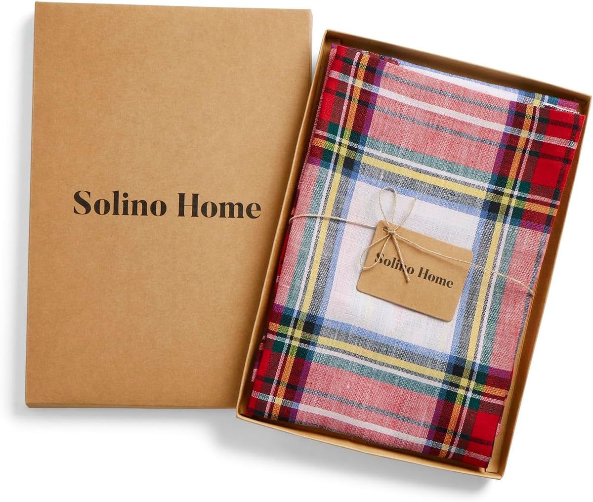 Solino Home Linen Bib Apron for Men & Women - White Plaid Kitchen Apron with Front Pockets - Handcrafted from European Flax